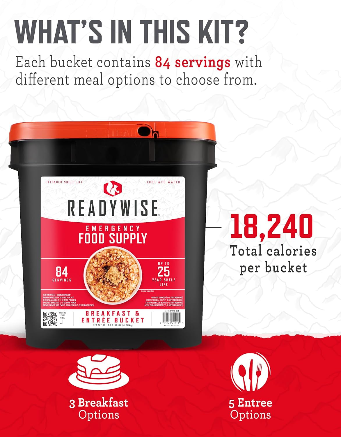 84 Servings of Long-Lasting Breakfast & Entrée Meals - Perfect Emergency Food Supply Bucket for Camping, Backpacking, and Prepping with a 25-Year Shelf Life