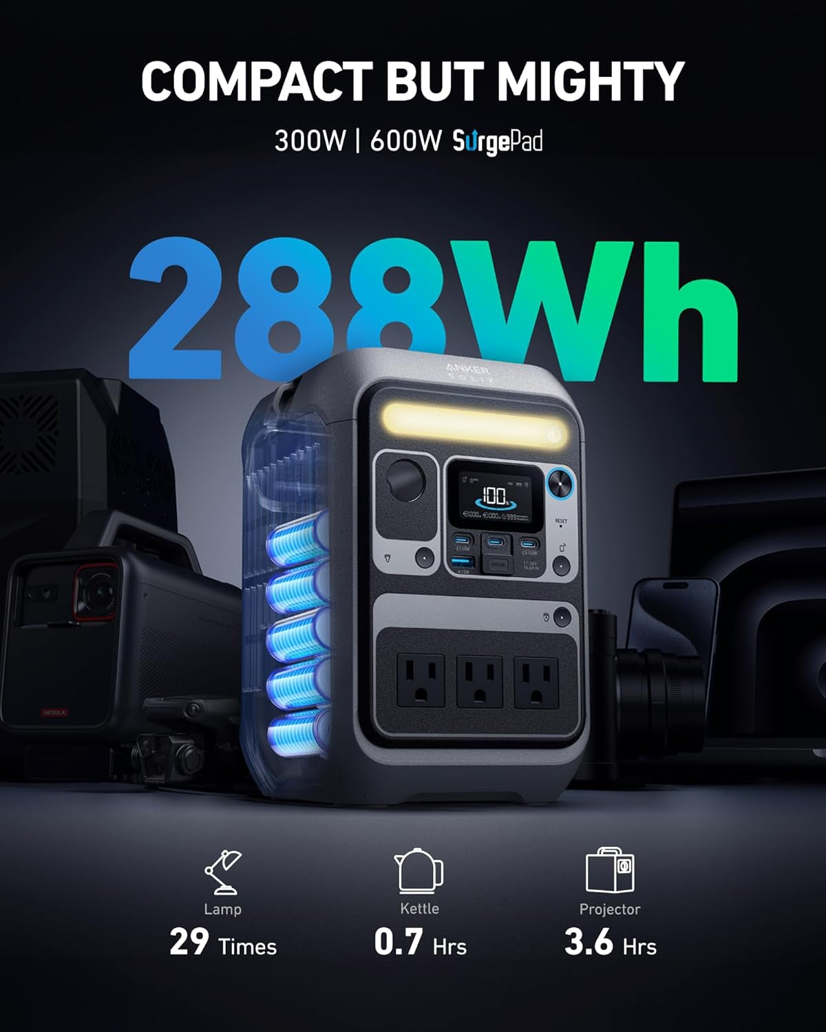 Power Up Your Adventures with the SOLIX C300 Portable Power Station - 288Wh Lifepo4 Battery, 300W Output, and Rapid Charging for Camping, Travel, and Emergencies
