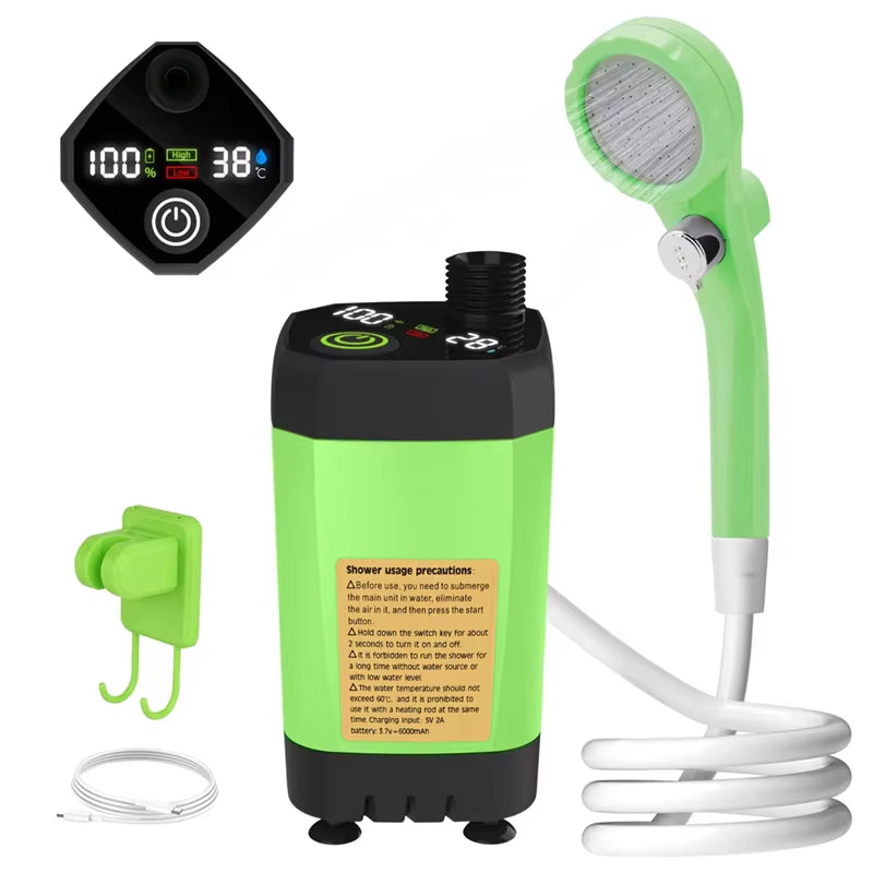 Revolutionary Portable Camping Shower Pump with Smart Digital Display - 6000mAh Adjustable Outdoor Shower Solution