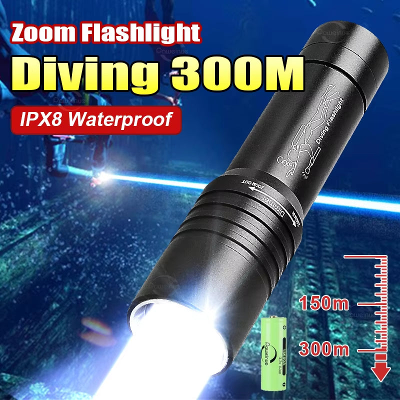 Powerful LED Diving Flashlight Zoomable Underwater Torch Professional Diving 300M Dive Lights IPX8 Waterproof Fishing Lantern