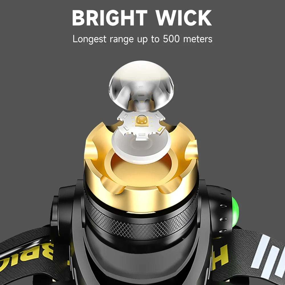 Powerful 9900 Lumen LED Rechargeable Headlamp - 3 Modes, 90° Adjustable, Ideal for Camping and Outdoor Adventures