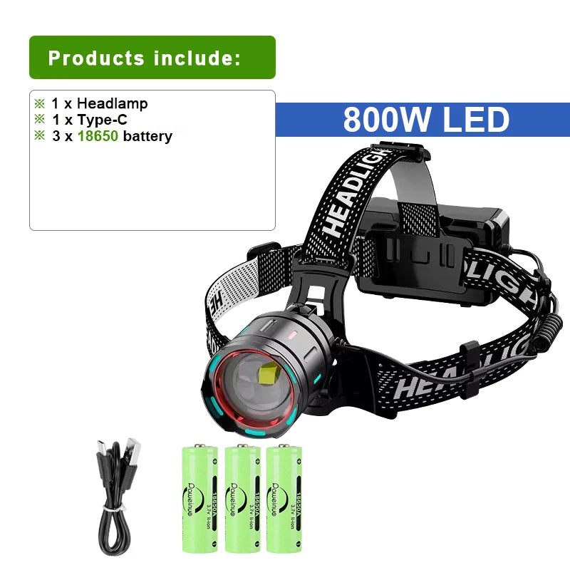 2025 New High Power 800W LED Headlight 500000000LM Super Bright Zoom Waterproof Headlamp Outdoor Camping Work Hunting Lantern