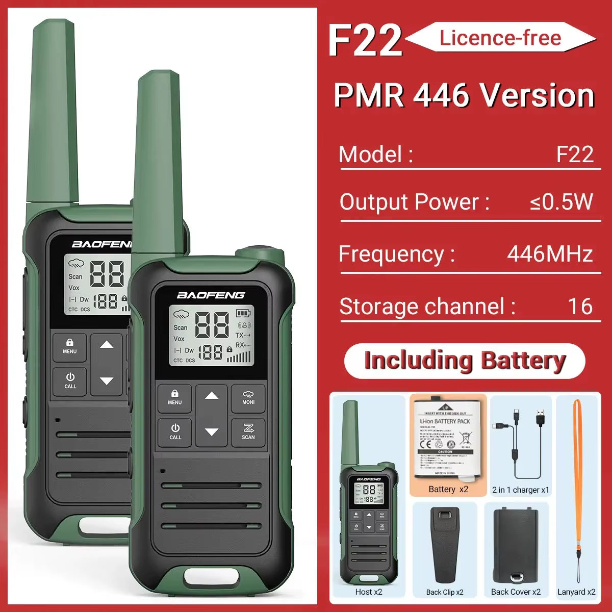 2PCS  F22 PMR FRS Mini Walkie Talkie Waterproof Type-C Licence-Free NOAA Portable Two Way Ham Radio for Hunting
