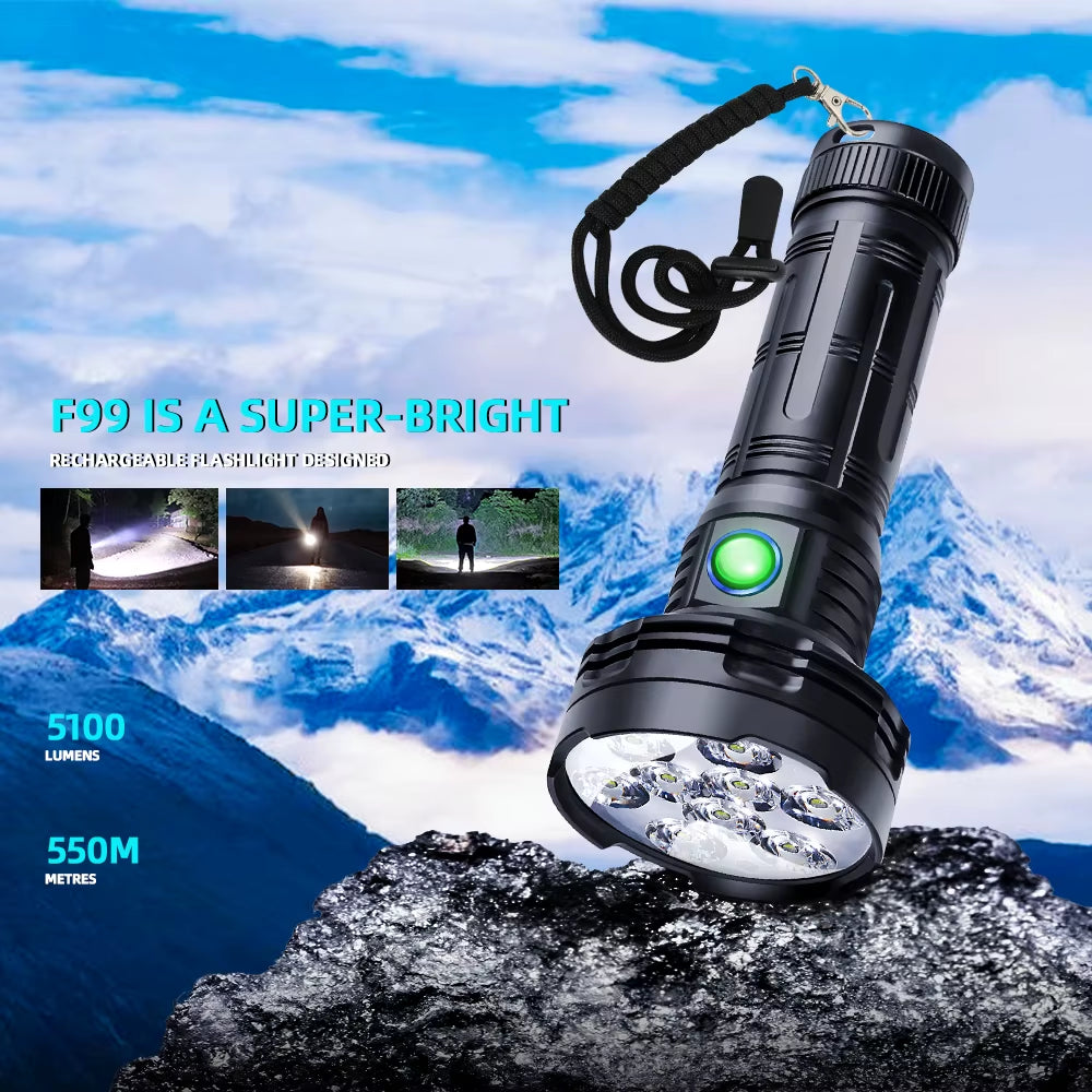 Ultra-Bright 5100 Lumen LED Torch - Rechargeable Aluminum Flashlight with SOS Mode for Outdoor Adventures