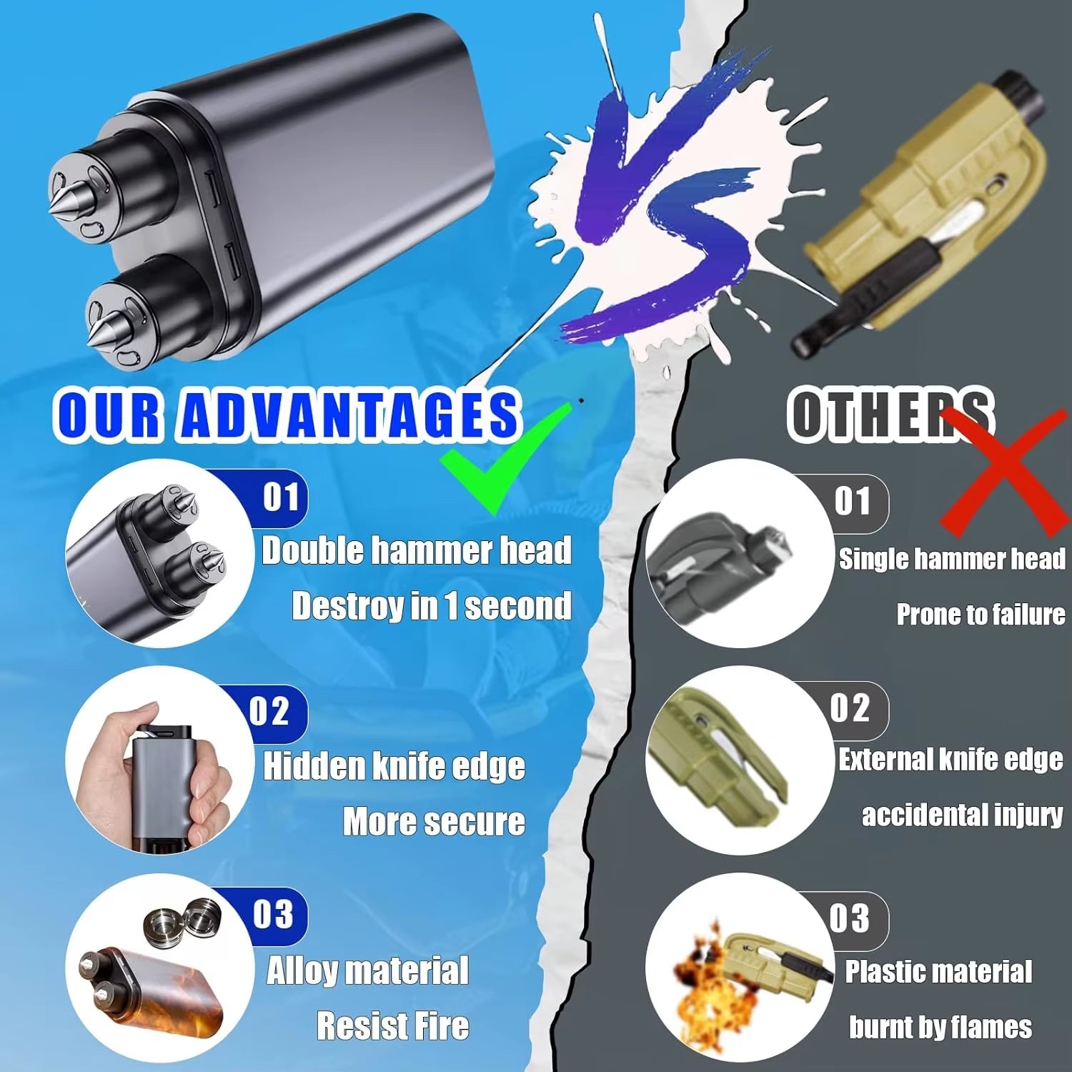 2 in 1 Car Window Breaker Car Window Breaker Car Safety Hammer with Seat Belt Cutter Glass Emergency Hammer Car Rescue Tool