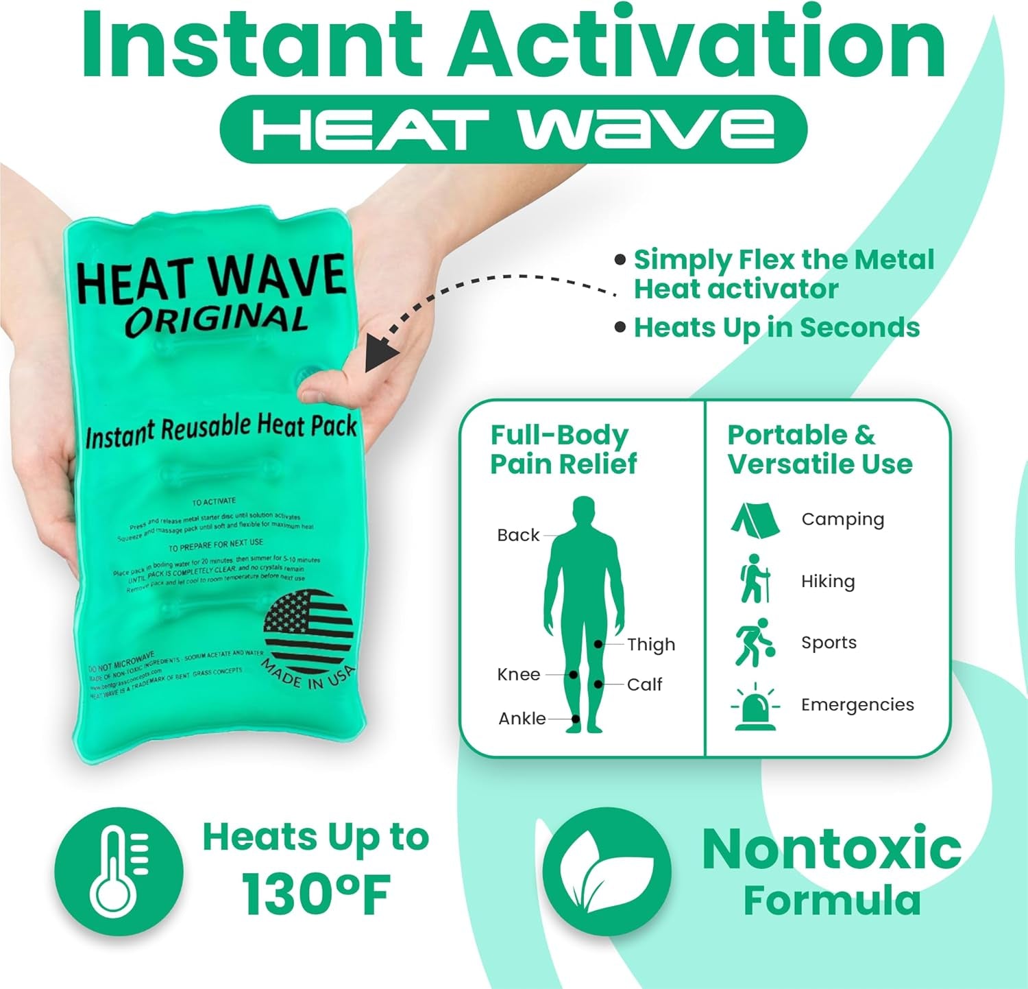 Large Green Instant Reusable Heat Pack - Medical Grade (8" x 12") - Made in USA