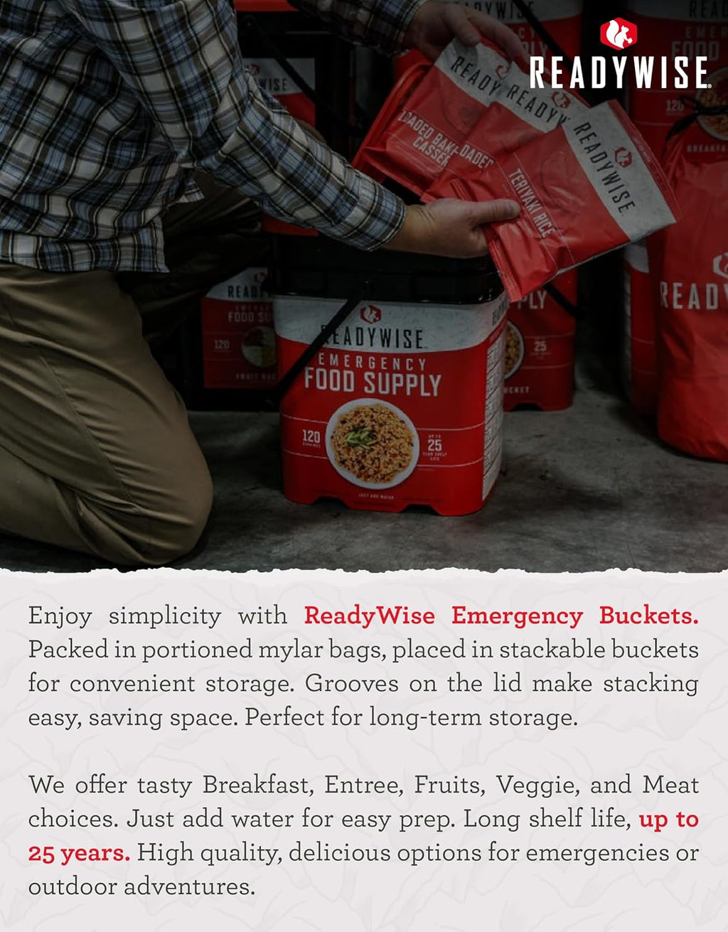 60-Serving Emergency Food Supply Bucket - Delicious Freeze-Dried Meals Packed with Protein for Camping, Road Trips, and Survival Preparedness - Long-Lasting Freshness for Up to 25 Years