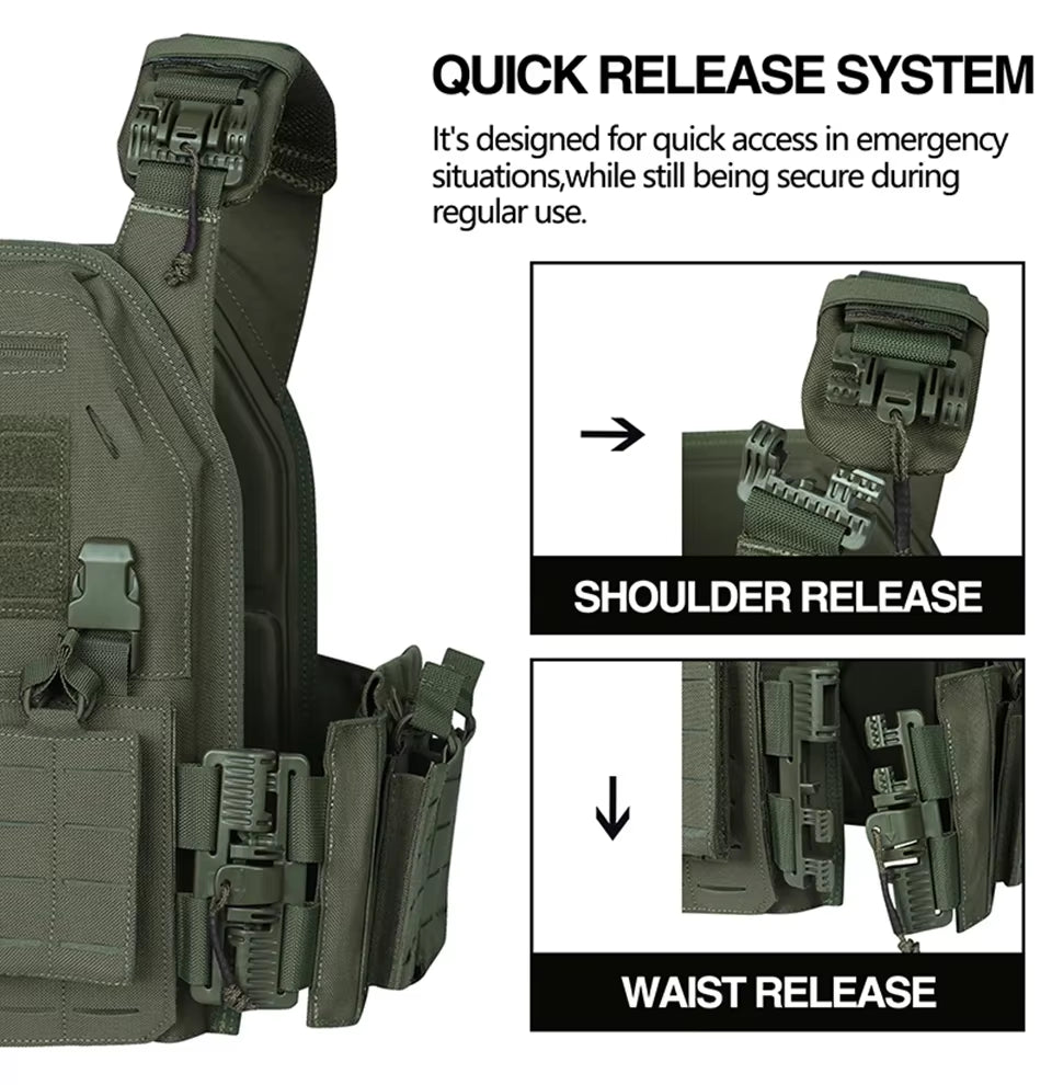 Rugged Ranger Green Tactical Plate Carrier Vest - Quick Release, Molle System & Laser-Cut Durability for Ultimate Performance