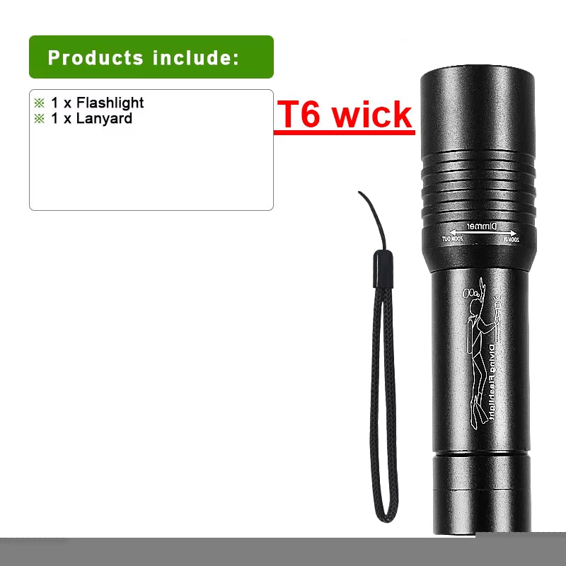 Powerful LED Diving Flashlight Zoomable Underwater Torch Professional Diving 300M Dive Lights IPX8 Waterproof Fishing Lantern