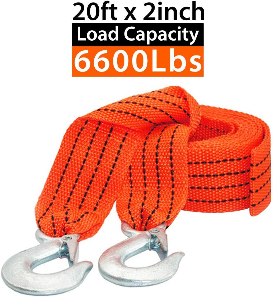 Heavy-Duty 20FT Tow Strap with Hooks - 10,000LB Break Strength for Emergency Vehicle Recovery