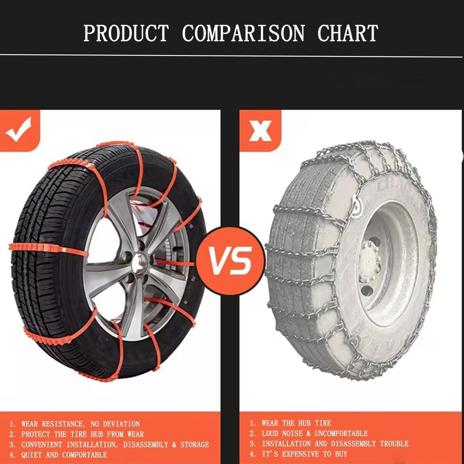 2025 Universal Reusable Anti-Skid Snow Tire Chains - 10 Pack Orange Non-Slip Emergency Tire Belts for Cars, SUVs, and Pickup Trucks