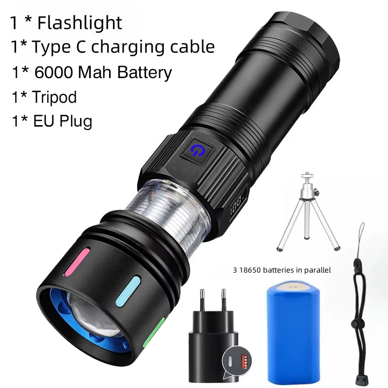 Illuminate Your Adventures with the Versatile Rechargeable 7070 LED Flashlight - Multi-Color Lighting & Durable Aluminum Design for Every Outdoor Emergency