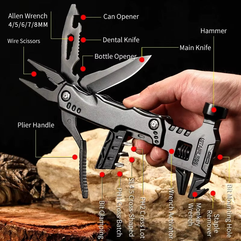 Ultimate Stainless Steel Multi-Tool: Your All-in-One Wrench, Hammer, Knife & Pliers for Camping and Survival Adventures
