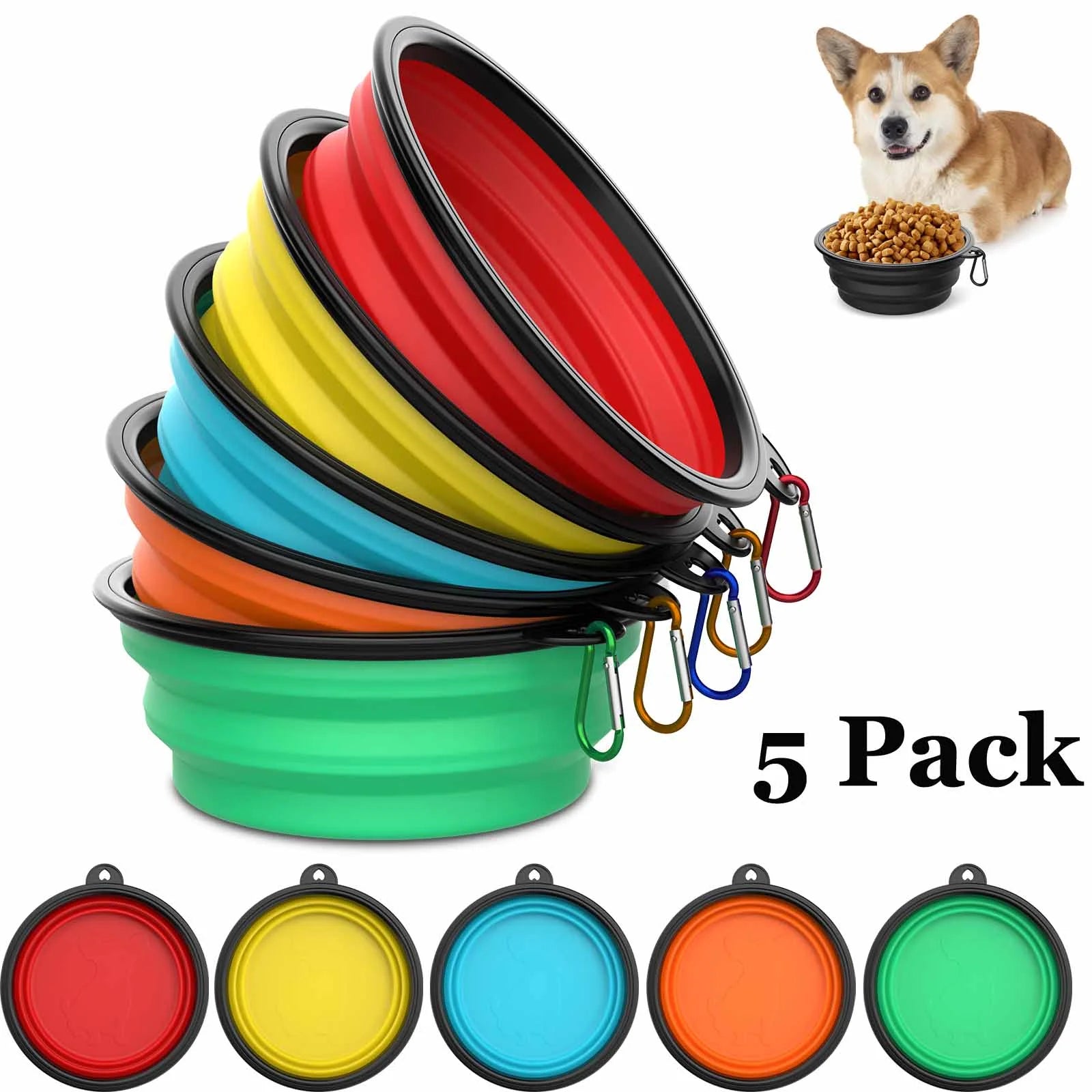 Ultimate 5-Pack Collapsible Travel Pet Bowls with Carabiners - BPA-Free, Lightweight Feeding Solution for Dogs and Cats on the Go!
