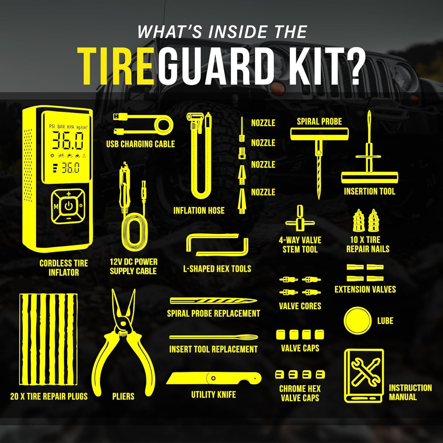 All-in-One Ultimate Tire Repair Kit with Powerful Air Compressor - Your Essential Solution for Flat Tires on Cars, Trucks, SUVs, Motorcycles, ATVs, and Trailers