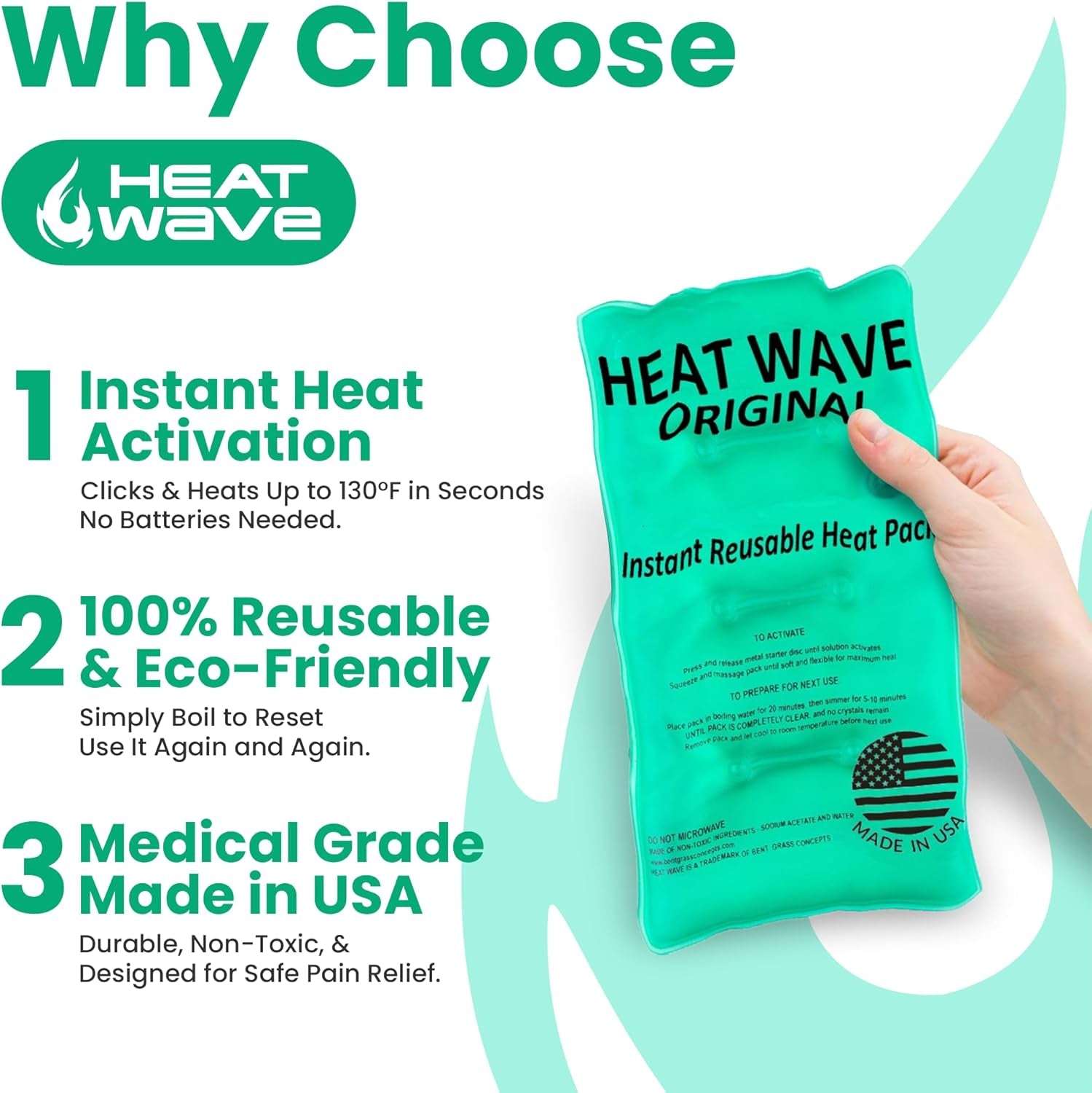Large Green Instant Reusable Heat Pack - Medical Grade (8" x 12") - Made in USA