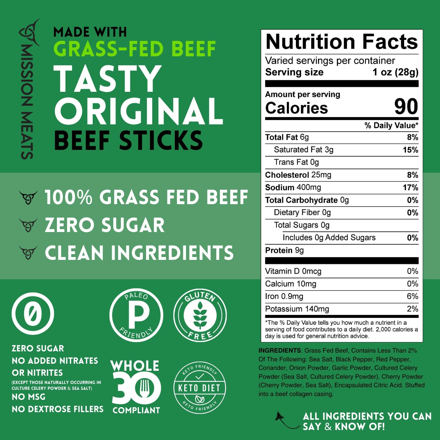 100% Grass Fed Beef Sticks - Healthy, Zero Sugar, Gluten Free, Non-GMO Snacks - Original Flavor, Individually Wrapped (Pack of 12)