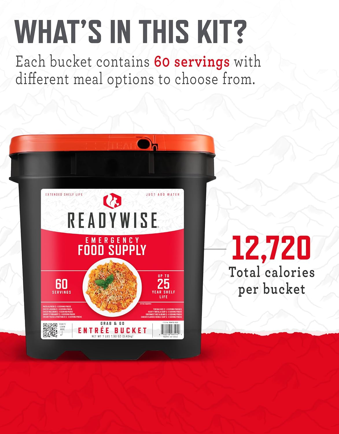 60-Serving Emergency Food Supply Bucket - Delicious Freeze-Dried Meals Packed with Protein for Camping, Road Trips, and Survival Preparedness - Long-Lasting Freshness for Up to 25 Years