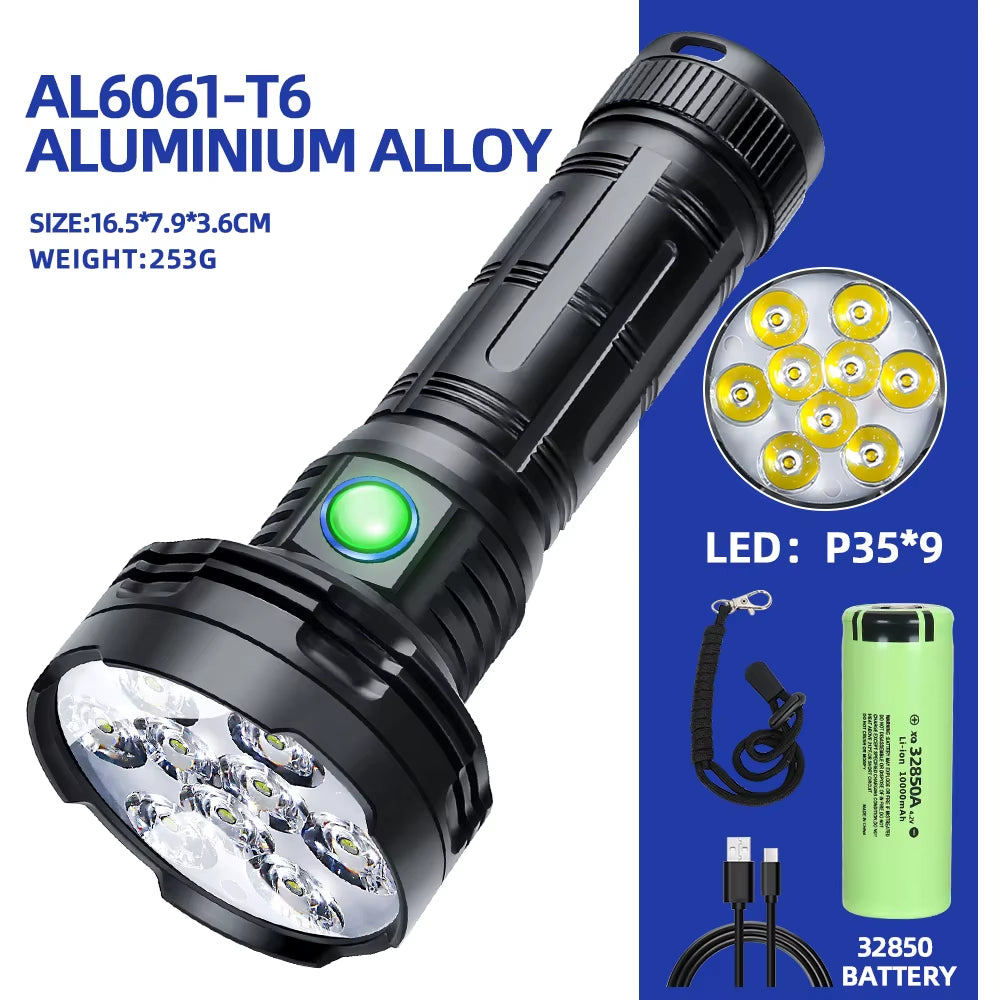 Ultra-Bright 5100 Lumen LED Torch - Rechargeable Aluminum Flashlight with SOS Mode for Outdoor Adventures