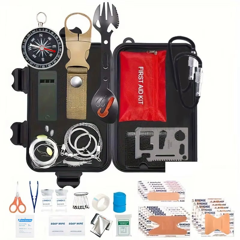 57-Piece Comprehensive Survival and First Aid Kit: Essential Emergency Equipment with Fire Starter for Camping, Fishing, and Emergency Situations