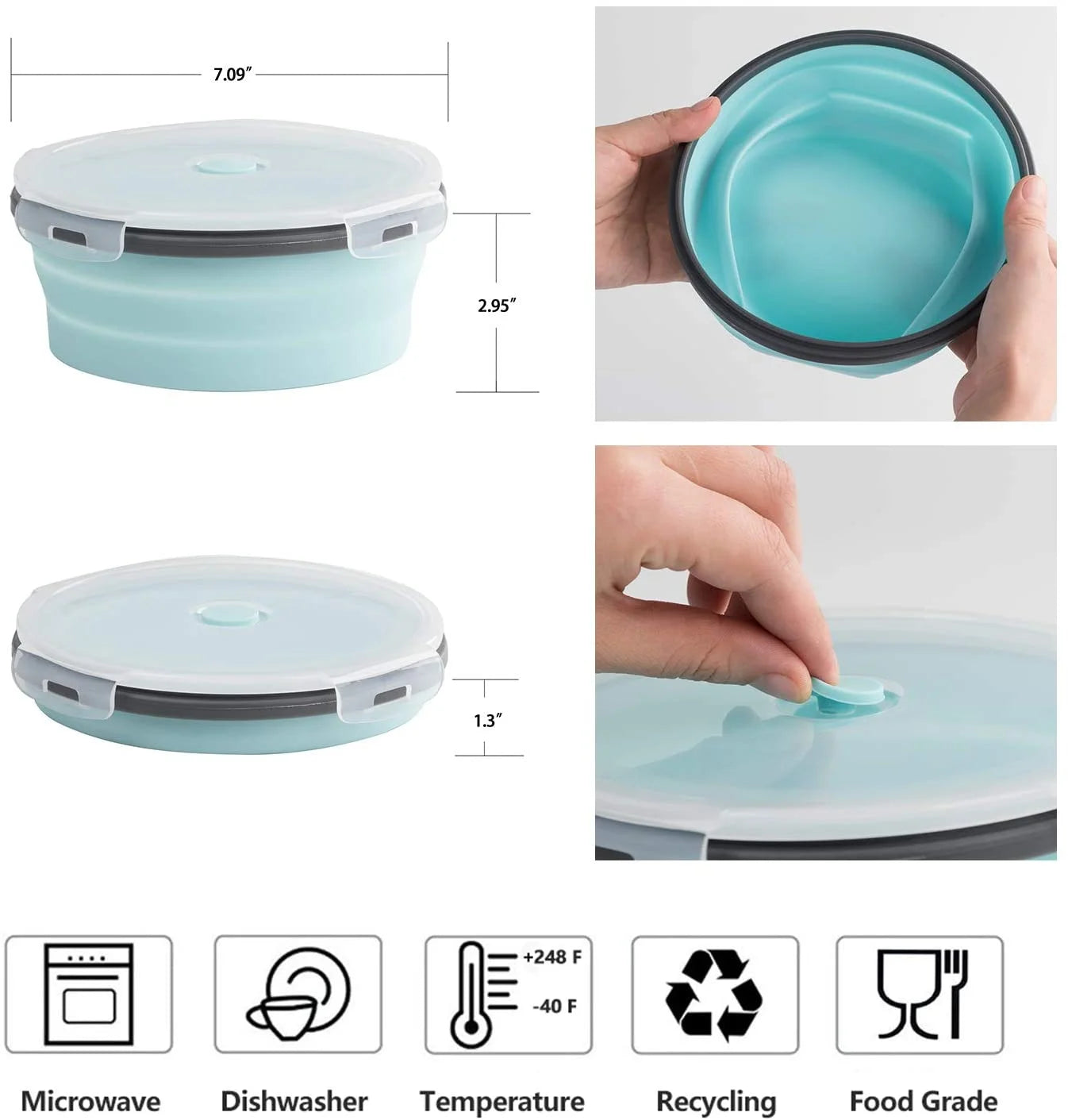 Camping Bowl with Lid Collapsible Silicone Bowl Foldable for Travel and Camping Microvave and Fridge Food Storage Bowl from (1200ML)