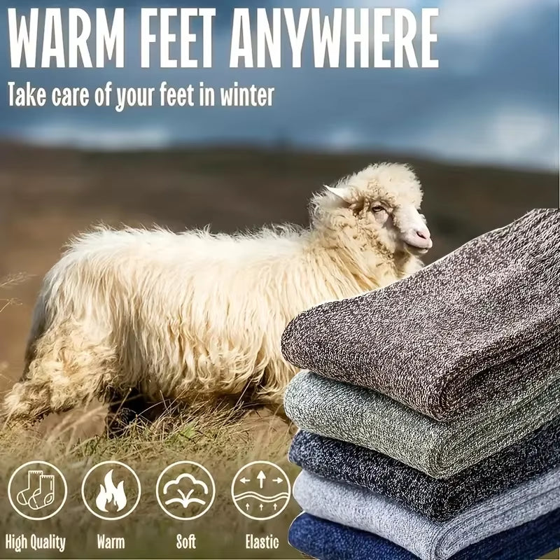 Men's Winter Warm Thick Mid-Calf Socks - 3 Pairs of Anti-Cold Elastic Solid Color Towel Socks for Snow Boots