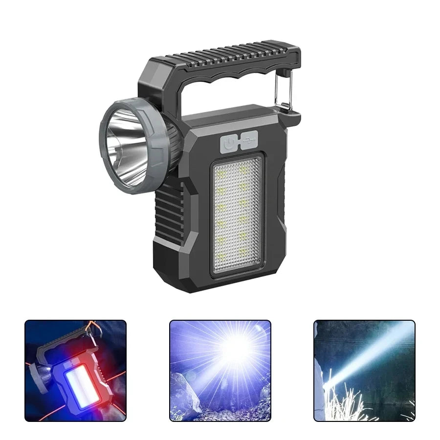 Powerful USB Rechargeable Solar LED Flashlight with COB Work Light & Emergency Mobile Charging - Perfect for Camping Adventures