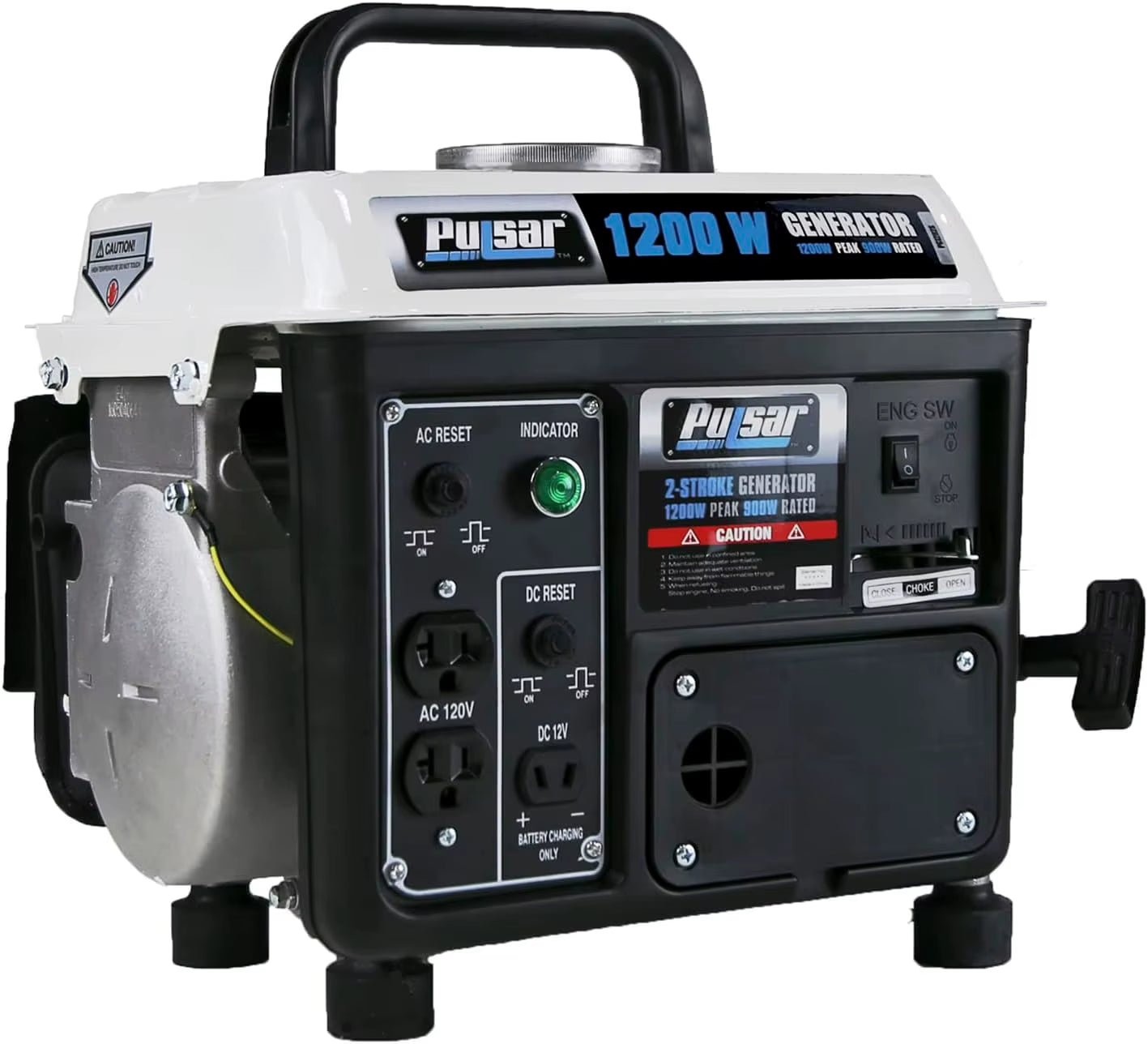Unleash Power Anywhere with the PG1202SA 1200W Portable Gas Generator - Sleek Black/White Design and Convenient Carrying Handle