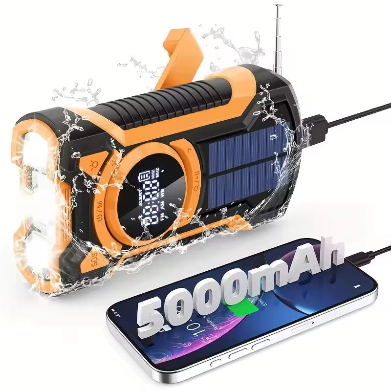 Emergency Radio Hand Crank Solar 5000Mah, IP65 Waterproof Dustproof Bluetooth 5.3 Portable AM/FM/NOAA Weather Alert Radio