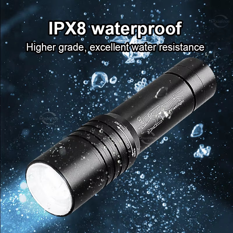 Powerful LED Diving Flashlight Zoomable Underwater Torch Professional Diving 300M Dive Lights IPX8 Waterproof Fishing Lantern