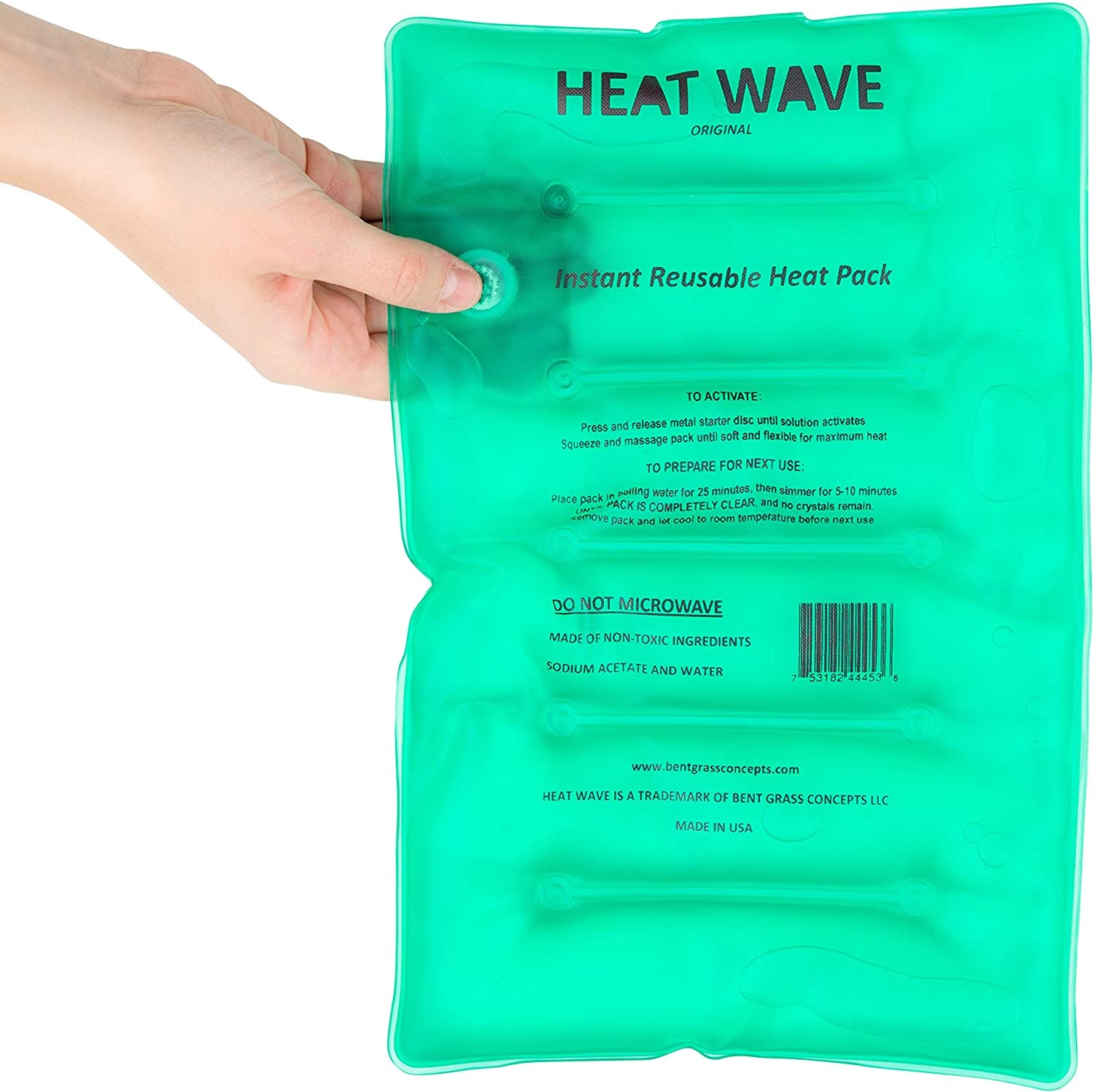 Large Green Instant Reusable Heat Pack - Medical Grade (8" x 12") - Made in USA