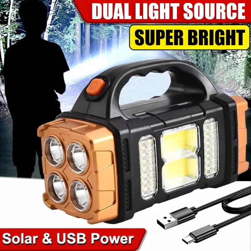 Powerful USB Rechargeable Solar LED Flashlight with COB Work Light & Emergency Mobile Charging - Perfect for Camping Adventures