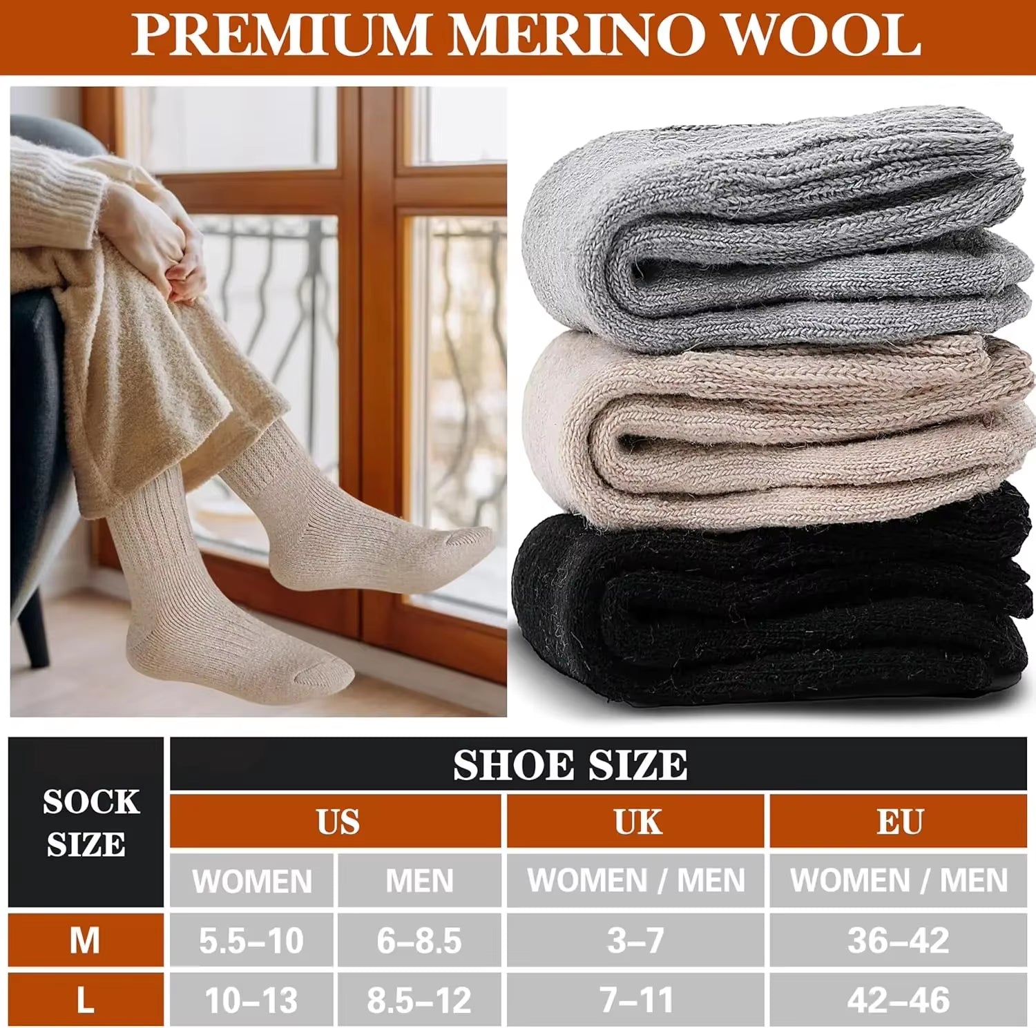 Cozy 70% Merino Wool Boot Socks for Women - 3 Pairs of Thick Thermal Winter Hiking & Ski Socks
