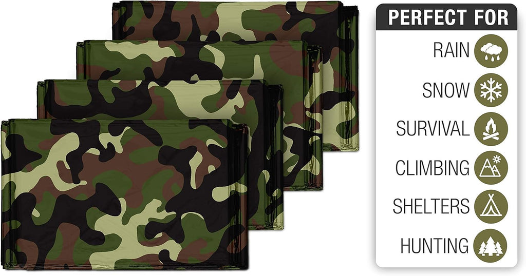 Stay Warm and Prepared with Our 4 Pack Mylar Emergency Blankets - Lightweight, Waterproof, and Compact for All Your Outdoor Adventures - Woodland Camo Design