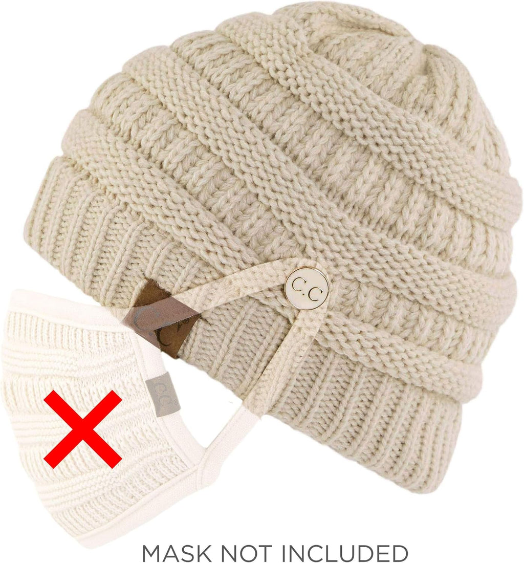 Stay Cozy and Stylish with Our Exclusives Cable Knit Beanie - Thick, Soft & Warm Chunky Ribbed Design Featuring an Epoxy Button for Face Mask (A Button Beige)