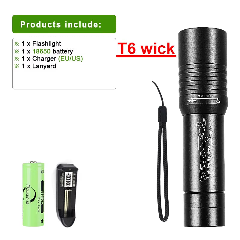 Powerful LED Diving Flashlight Zoomable Underwater Torch Professional Diving 300M Dive Lights IPX8 Waterproof Fishing Lantern