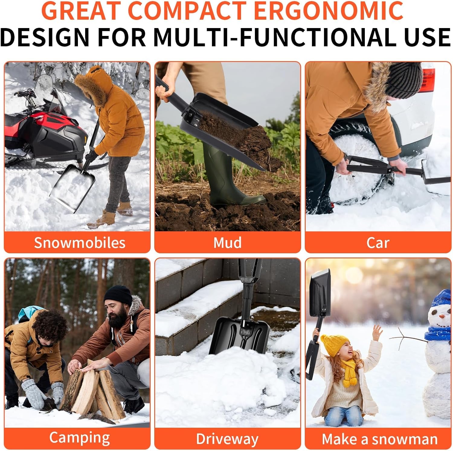 Effortless Snow Removal with the 27" Bi-Folding Lightweight Snow Shovel - Ergonomic D-Grip, Durable Aluminum Edge, Perfect for Cars, Snowmobiles, and Outdoor Adventures!