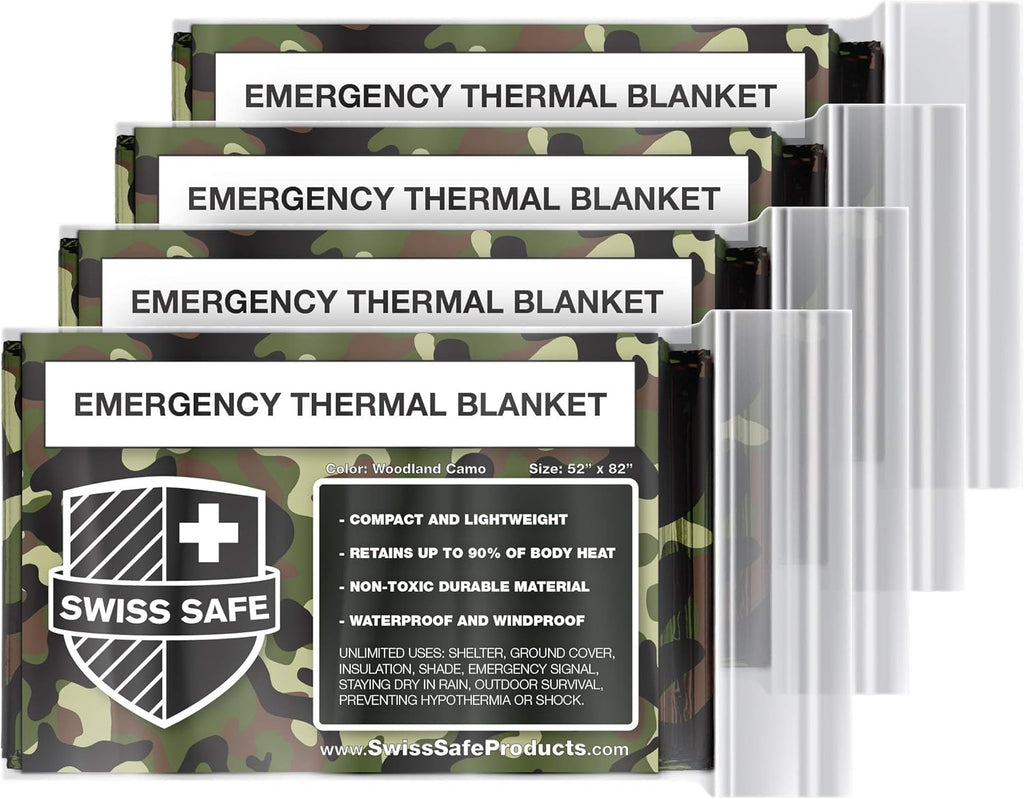 Stay Warm and Prepared with Our 4 Pack Mylar Emergency Blankets - Lightweight, Waterproof, and Compact for All Your Outdoor Adventures - Woodland Camo Design