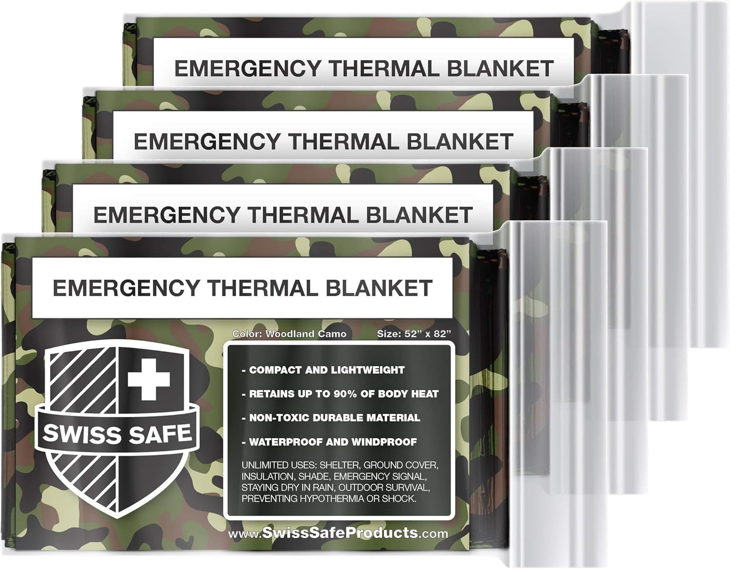 Stay Warm and Prepared with Our 4 Pack Mylar Emergency Blankets - Lightweight, Waterproof, and Compact for All Your Outdoor Adventures - Woodland Camo Design
