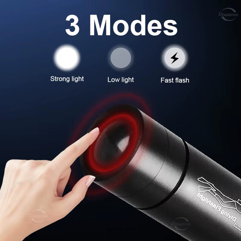 Powerful LED Diving Flashlight Zoomable Underwater Torch Professional Diving 300M Dive Lights IPX8 Waterproof Fishing Lantern