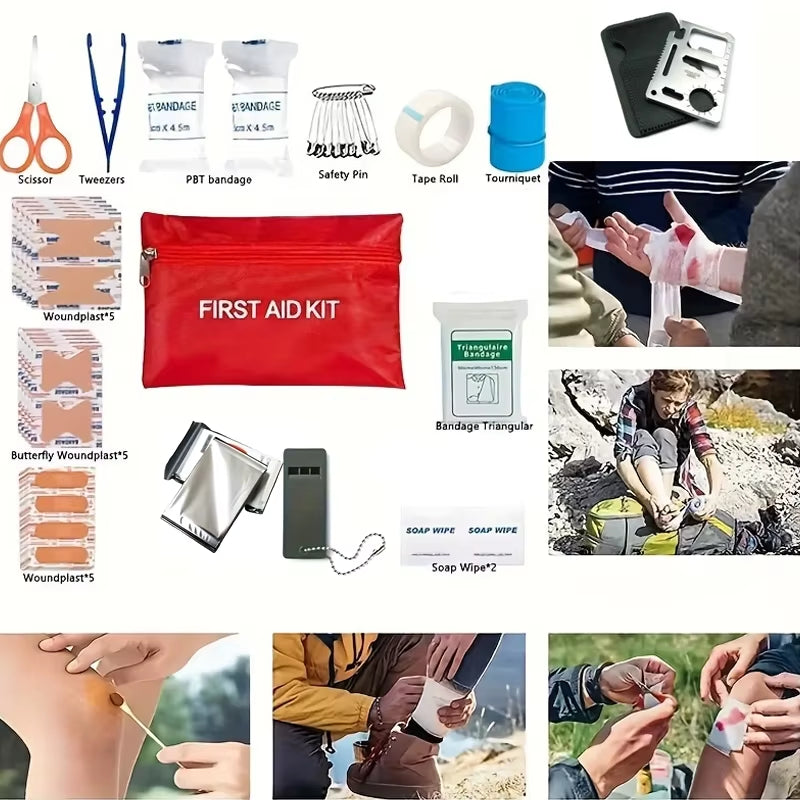 57-Piece Comprehensive Survival and First Aid Kit: Essential Emergency Equipment with Fire Starter for Camping, Fishing, and Emergency Situations