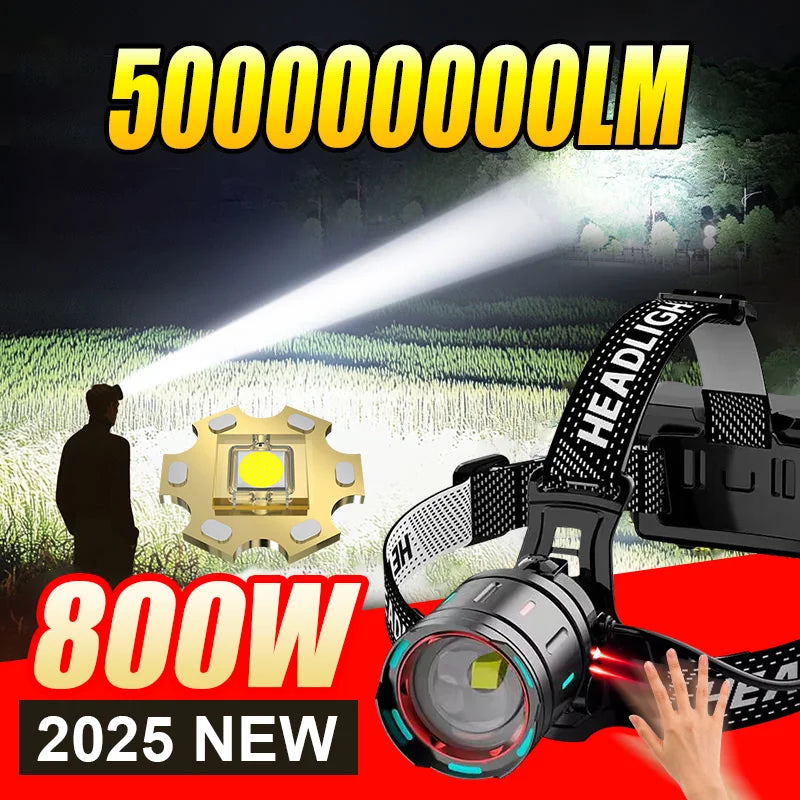 2025 New High Power 800W LED Headlight 500000000LM Super Bright Zoom Waterproof Headlamp Outdoor Camping Work Hunting Lantern