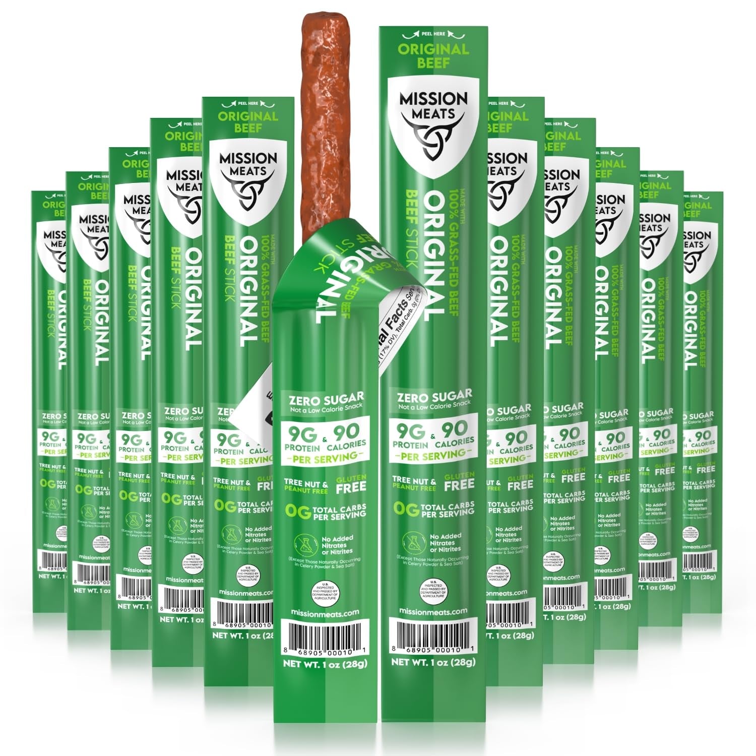 100% Grass Fed Beef Sticks - Healthy, Zero Sugar, Gluten Free, Non-GMO Snacks - Original Flavor, Individually Wrapped (Pack of 12)