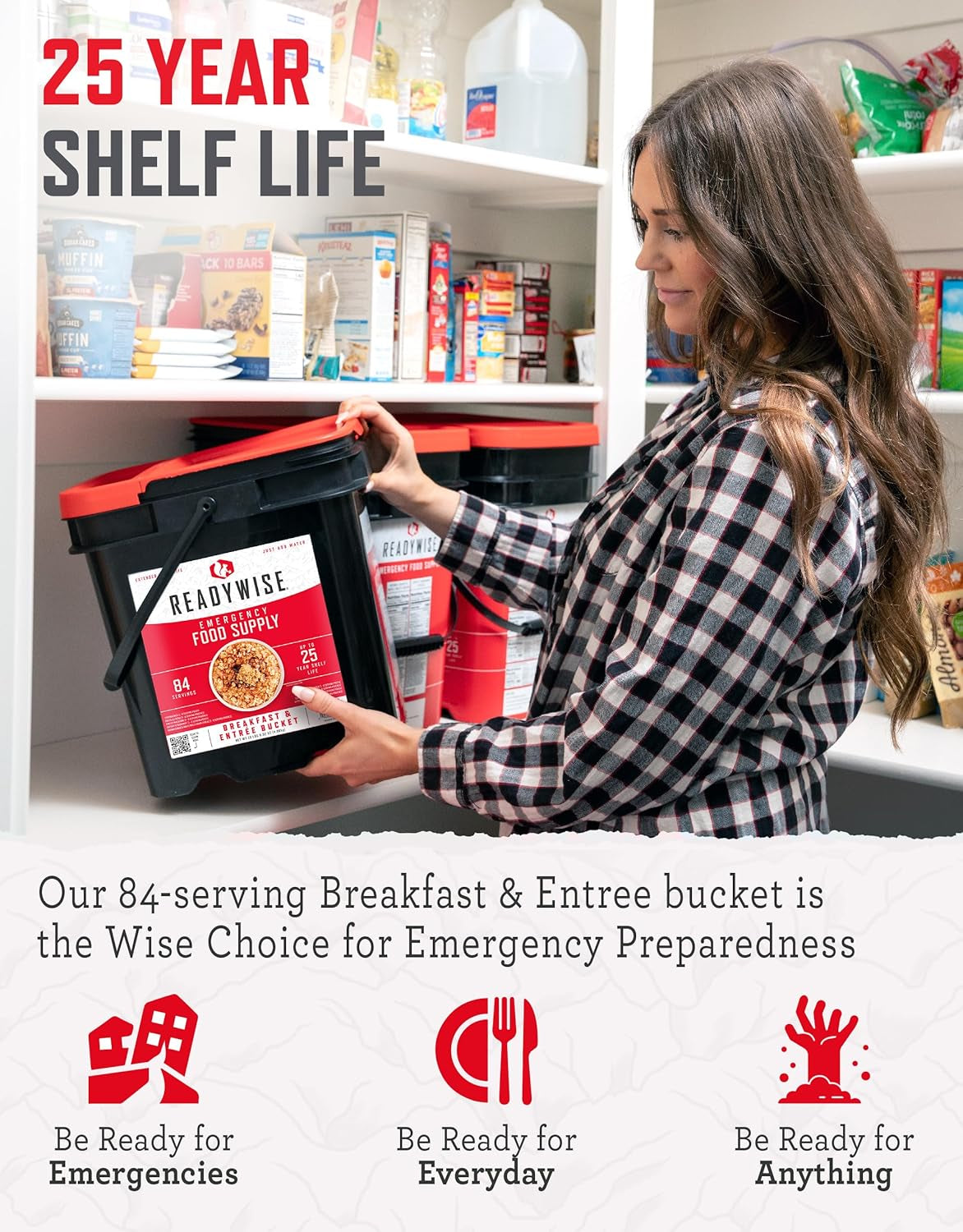 84 Servings of Long-Lasting Breakfast & Entrée Meals - Perfect Emergency Food Supply Bucket for Camping, Backpacking, and Prepping with a 25-Year Shelf Life