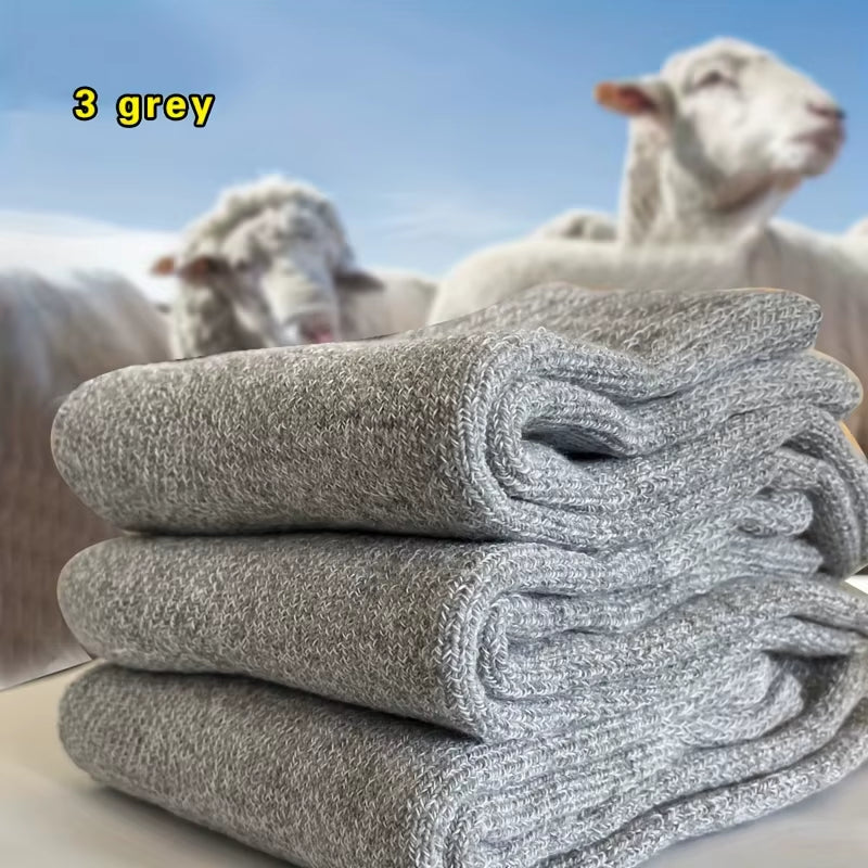 Men's Winter Warm Thick Mid-Calf Socks - 3 Pairs of Anti-Cold Elastic Solid Color Towel Socks for Snow Boots