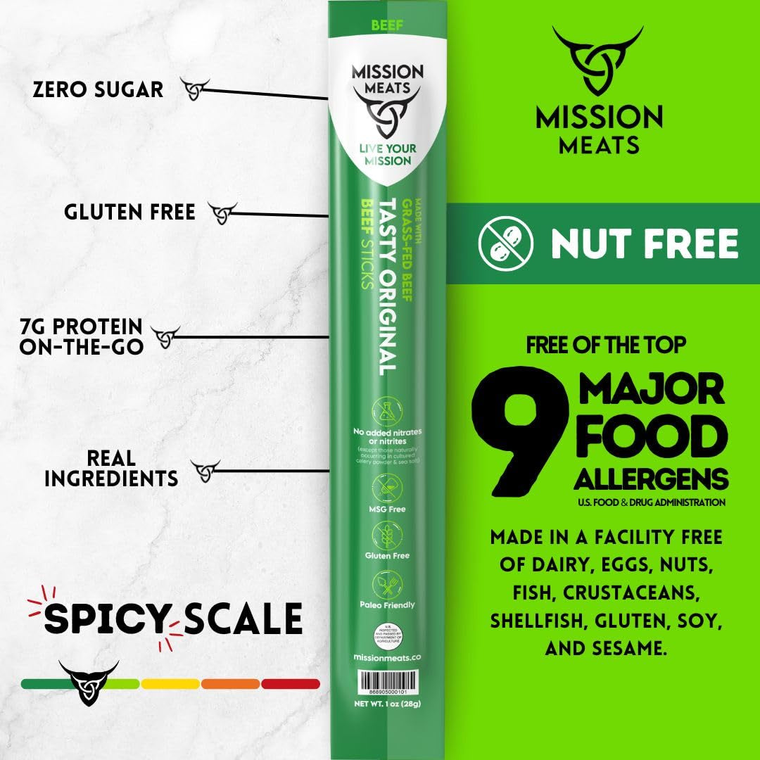 100% Grass Fed Beef Sticks - Healthy, Zero Sugar, Gluten Free, Non-GMO Snacks - Original Flavor, Individually Wrapped (Pack of 12)