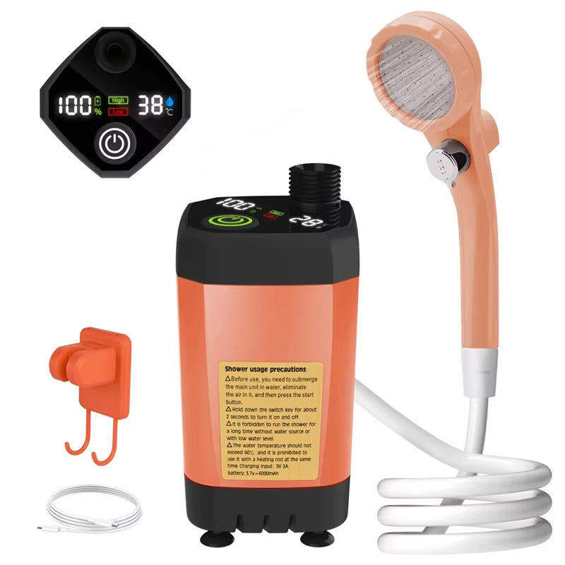 Revolutionary Portable Camping Shower Pump with Smart Digital Display - 6000mAh Adjustable Outdoor Shower Solution