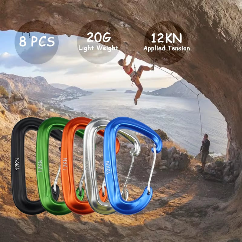 Elevate Your Outdoor Adventures with the 8-Pack Heavy-Duty D-Shaped Carabiners - 12KN Climbing Hooks for Ultimate Safety and Convenience
