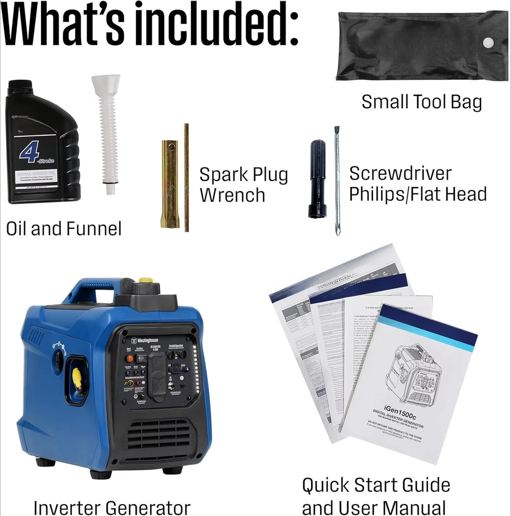 Ultra Quiet 1500W Portable Inverter Generator - Lightweight, Gas Powered, CO Sensor, Long Run Time & Parallel Capable