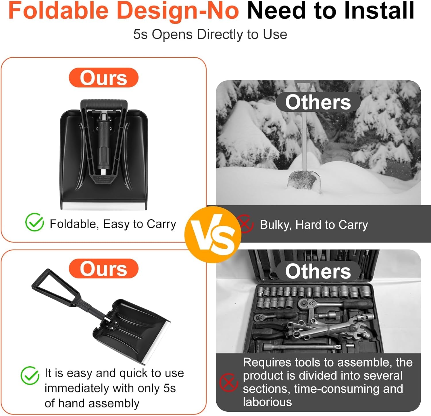 Effortless Snow Removal with the 27" Bi-Folding Lightweight Snow Shovel - Ergonomic D-Grip, Durable Aluminum Edge, Perfect for Cars, Snowmobiles, and Outdoor Adventures!